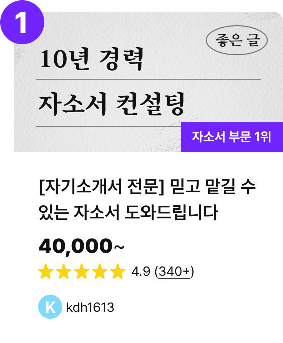 [자기소개서 전문] 믿고 맡길 수 있는 자소서 도와드립니다 / 40,000~ / 4.9 (340+) / 자소서백화점