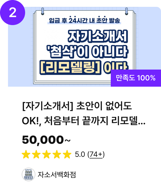 [자기소개서] 초안이 없어도 OK!, 처음부터 끝까지 리모델링 해드립니다. / 50,000~ / 5.0 (74+) / 자소서백화점